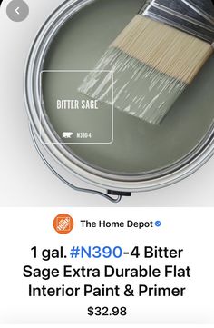 a paint can with a brush in it and the text, 1 gal n380 - 4 bitter sage extra double flat interior paint & primer $ 22 98