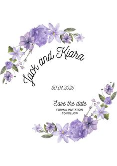 the save the date card is decorated with purple flowers