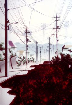 an anime scene with power lines and houses