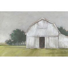 a painting of a white barn in the middle of a field with trees behind it