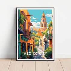 an art print of the mexican city of mexico on a white wall with wood flooring