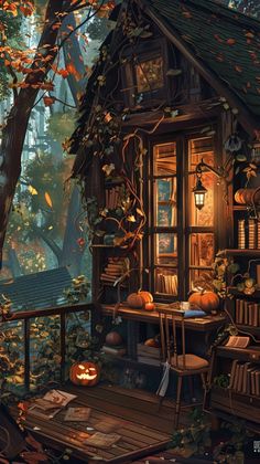 a painting of a house in the woods with pumpkins and books on the table