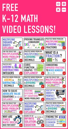 a pink poster with the words free k - 12 math video lessons