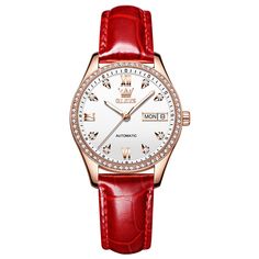 OLEVS 6637 Women's Mechanical Watch Leather Strap - OLEVS Classic Red Leather Watch, Red Leather Watch With Round Dial, Red Leather Quartz Watches, Timeless Red Leather Watch, Elegant Automatic Diamond Watch For Business, Classic Red Watches As Gift, Classic Red Watch As Gift, Elegant Red Watch For Gift, Elegant Red Watch As Gift