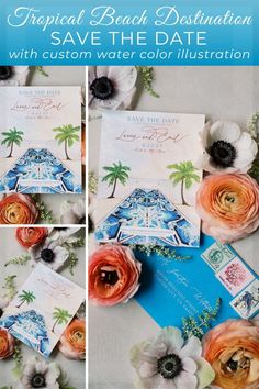 tropical beach destination wedding save the date with custom watercolor illustrations and flowers on blue paper