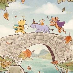 winnie the pooh and friends jumping over a bridge