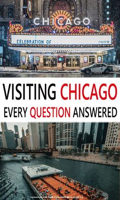 a large boat floating on top of a river next to a tall building with the words visiting chicago every question answered