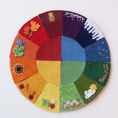 a multicolored felt circle with different designs on it