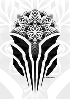 a black and white flower on a gray background with an abstract design in the middle