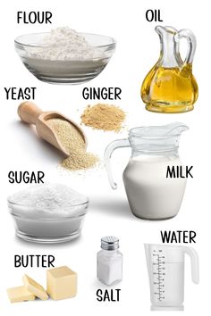 the ingredients for baking are shown in this graphic above it is an image of flour, sugar, butter, and oil