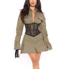 Brand New With Tags Olive Green Corset Not Included Fit And Flare Bodyhidden Button Front Closure Slit Cuff Detail Faux Pocket Detail Dress: 100% Cotton Booked And Busy, Green Corset, Corset Belt, Corset Mini Dress, Spandex Dress, White Dresses For Women, Fashion Nova Dress, Lace Corset, Curve Dresses