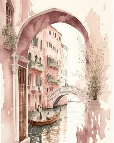 a watercolor painting of a gondola going under a bridge in venice, italy