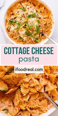 collage of cottage cheese pasta in a white bowl