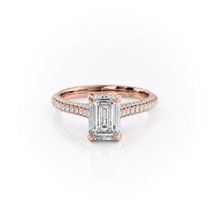 The Rachel RG EM Engagement Ring Pave, Emerald Cut Moissanite Engagement Ring, Rose Gold Moissanite Ring, Fake Diamond, The Rachel, Emerald Cut Moissanite, Lab Diamond Engagement Ring, Colored Engagement Rings, Rose Gold Wedding Bands