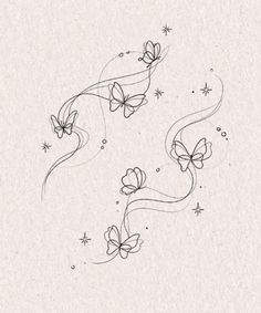 two butterflies flying through the air with stars in the sky behind them on a white paper background