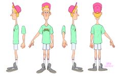 a cartoon character with different facial expressions and haircuts, all in green shirt and white shorts