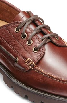 Hand-sewn moc-toe construction in luxe leather lends undeniable style to a lugged loafer completed by a perforated footbed. Lace-up style Leather upper and lining/rubber sole Imported Tomboy Femme, Mens Inspiration, Perfect Summer Outfit, Trendy Accessories, Spring Shoes, G H, Perfect Man, Men's Grooming, Fashion Essentials