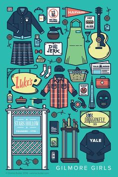 a poster with various items that include clothing, hats and other things in blue background