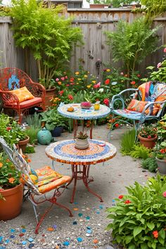 an outdoor garden with colorful furniture and flowers