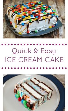 an ice cream cake on a plate with the words quick and easy