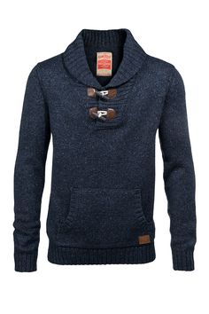 a blue sweater with buttons on the chest and hoodie in the front, is shown