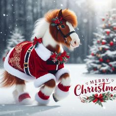 a merry christmas card with a horse dressed in red and white outfit running through the snow