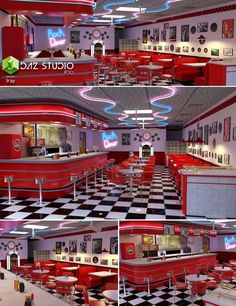 the interior of a diner with checkered flooring and red booths