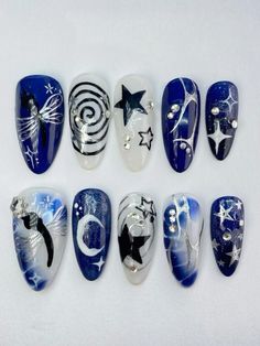 Nails Moon, Nails Navy, Nails Y2k, Blue Chrome, Moon Nails, Cute Simple Nails, Midsummer Night's Dream, Grunge Nails