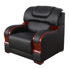 a black and brown reclining chair with wood trimming on the armrests