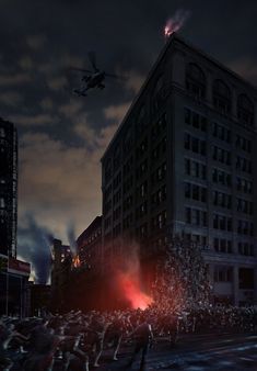 a large group of people standing in front of a tall building at night with a helicopter flying overhead