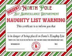 a christmas certificate with red and green stripes on the bottom, and an image of santa's north pole