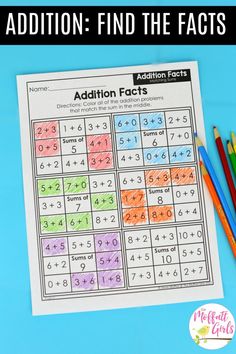 addition fact worksheet with colored pencils next to it on a blue background