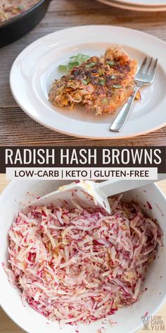 radish hash browns in a white bowl on a wooden table with text overlay reading radish hash browns low carb keto gluten - free