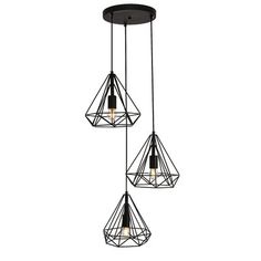 three lights hanging from a ceiling fixture with wire and bulbs in the shape of pyramids