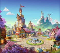 an animated city with lots of colorful buildings and flowers on the ground in front of mountains