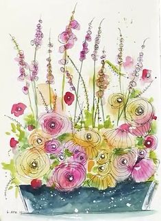 a watercolor painting of flowers in a vase