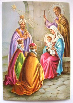 an image of the nativity scene with jesus, mary and baby jesus in colorful robes