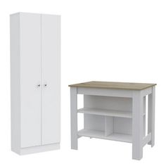 a white cabinet and shelf next to each other on a white background with a wooden top