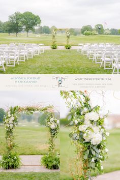 wedding ceremony setup with white flowers and greenery in the foreground, green grass on the other side