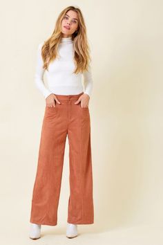 Suede High Rise Straight PantsButton hookFront pockets-100% Polyester-Model wears: S / Model height: 5` 8.5" Dressy Attire, Suede Pants, Suede Fabric, Top Graphic Tees, Fashion Updates, Dress Romper, Straight Pants, We Wear, Clothes Gift