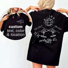 Cheers to your milestone birthday celebration with our Custom Birthday Martini t-shirts! Featuring a hand-drawn martini and disco ball logo, these shirts are perfect for the ultimate birthday bash. Personalize with your birth year, location, and name for a unique touch. Ideal for Dirty 30 social clubs, 21st birthdays, or any girls' birthday trip. Let the festivities begin! 🍸🎉 Please message me with any other requests, I'd love to bring your vision to life!  DISCLOSURES: Returns/Exchanges: plea Customizable Crew Neck Party T-shirt, Customizable Crew Neck T-shirt For Party, Event Merch, Birthday Martini, Ball Logo, Dirty 30, Birthday Trip, Birth Year, Milestone Birthday