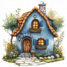 a watercolor painting of a blue house with windows and a stone path leading to it