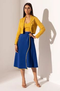 Shop for Kritika Madan Label Yellow Banana Crepe Jacket And Asymetric Skirt Set for Women Online at Aza Fashions Fitted Yellow Wrap Skirt, Fitted Yellow Wrap Skirt For Spring, Asymetric Skirt, Banana Crepes, Yellow Banana, Open Jacket, Yellow Skirt, Skirt And Top, Open Sleeve