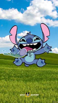 the cartoon character stitch is flying through the air with his mouth open and tongue out