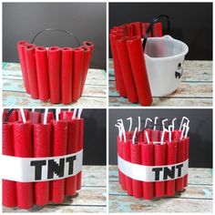 four different pictures of red candles with white sticks sticking out of the top and bottom