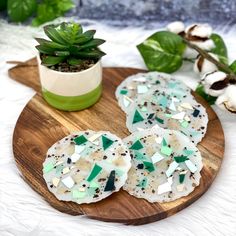 three cookies with green and white sprinkles sit on a wooden plate next to a potted plant