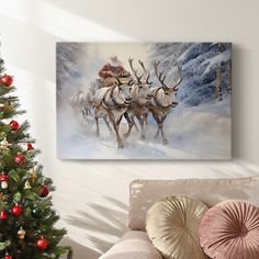 a christmas scene with reindeers pulling a sleigh