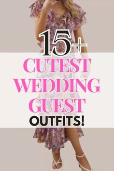 a woman in a purple dress with the words 15 cutest wedding guest outfits