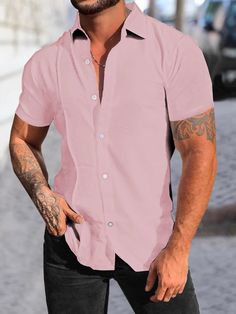 Pink Casual Collar Short Sleeve Fabric Plain Shirt Embellished Non-Stretch Summer Men Clothing Pink Button Up Men Outfit, Valentines Date Outfit, Lover Outfit, Shein Men, Guys Fashion, Heart Break, Outfits Hombre