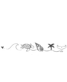 a drawing of two turtles swimming in the ocean with palm trees and birds flying around